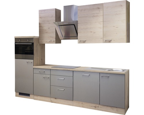 Küchenzeile mit Einbaubackofen, Dunstabzugshaube, Kochfeld und Spüle