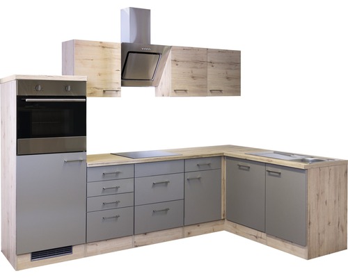 Komplette Küchenzeile mit Hängeschränken, Dunstabzugshaube und Einbauherd