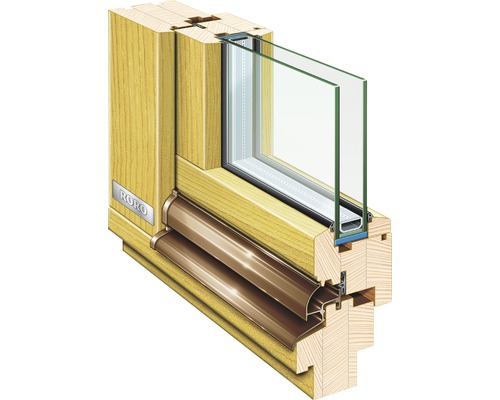 Querschnitt eines Holzfensters mit Doppelverglasung und RORO Logo.