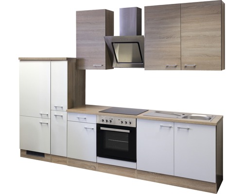 Komplette Küchenzeile mit Hängeschränken, Dunstabzugshaube, Spüle und Elektroherd