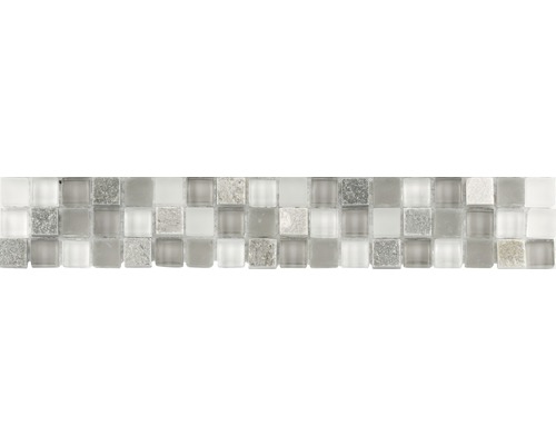 Glas Fliesenbordüre mit Naturstein 4,8x29,8 cm grau beige weiß