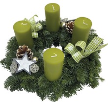 Adventskranz mit vier Kerzen, Tannenzapfen, Stern und Schleifen