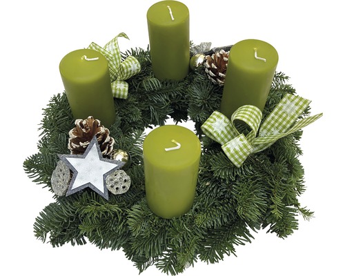 Adventskranz mit vier Kerzen, Tannenzapfen, Stern und Schleifen