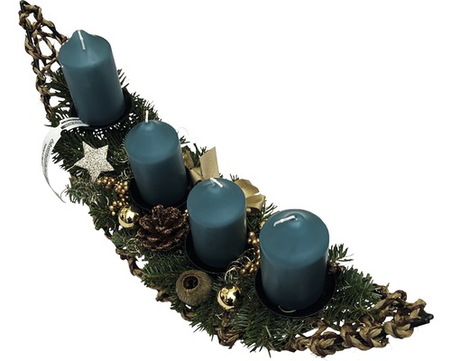 Adventsgesteck mit vier Stumpenkerzen, Tannengrün, Kugeln und Sternen