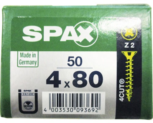 Spax Universalschraube Kreuzschlitz PZ 2, Senkkopf, Holz-Vollgewinde, 4x80 mm, 50 Stück Spax Universalschraube Kreuzschlitz PZ 2, Senkkopf, Holz-Vollgewinde, 4x80 mm, 50 Stück