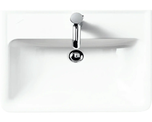 Aufsicht auf ein weißes Waschbecken mit Armatur