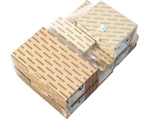 Verpackte Siemens-Produktkartons gestapelt.