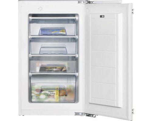 Geöffneter Gefrierschrank mit vier Schubladen und Lebensmitteln