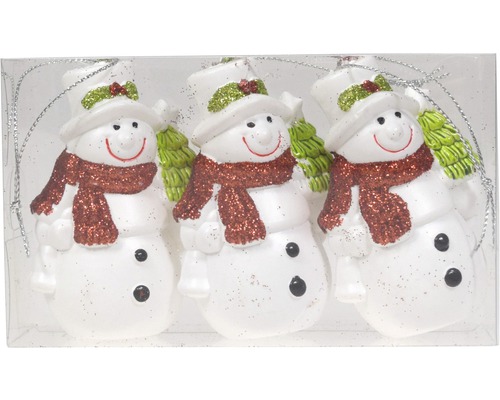 WeihnachtsdekoSchneemann Kunststoff 3 Stück weiß Drei Schneemannfiguren als Christbaumschmuck in Verpackung