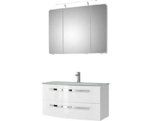 Badmöbel-Set Pelipal Xpressline 4005 Glas 122x92x49 cm Glaswaschbecken weiß hochglanz mit LED-Beleuchtung