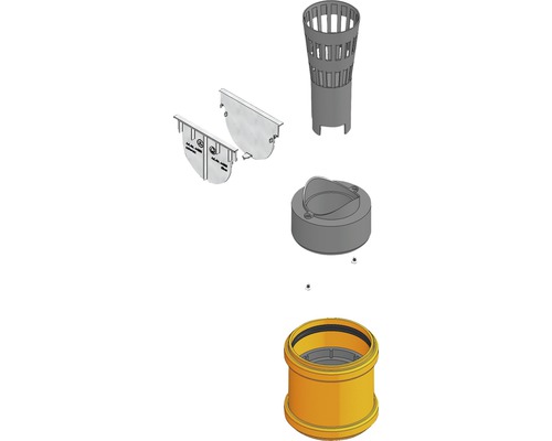 Hauraton TOP X Anschluss-Set mit Stirnwand, Laubfang, Geruchsverschluss und Adapter DN/OD 75/110 silber