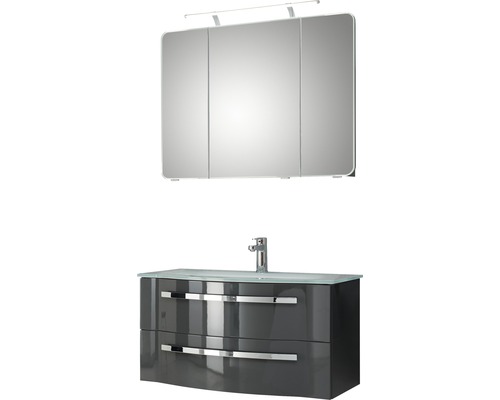 Badmöbel-Set Pelipal Xpressline 4005 Glas 122x92x49 cm Glaswaschbecken grau hochglanz mit LED-Beleuchtung