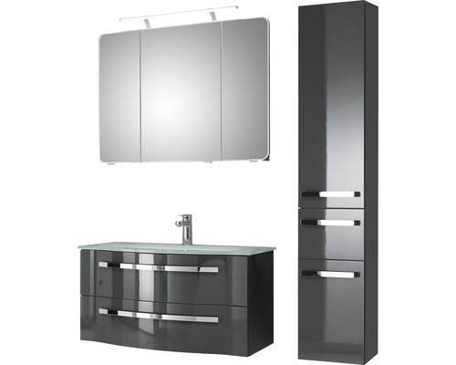 Badmöbel-Set Pelipal Xpressline 4005 Glas 200x132x49 cm Glaswaschbecken grau hochglanz mit LED-Beleuchtung