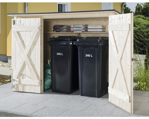 Mülltonnenbox aus Holz mit zwei Mülltonnen