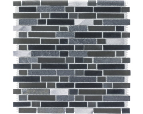 Glasmosaik mit Naturstein Slate Edelstahl 30,6x31,6 cm anthrazit grau Mosaikfliese mit Glas- und Steinoptik