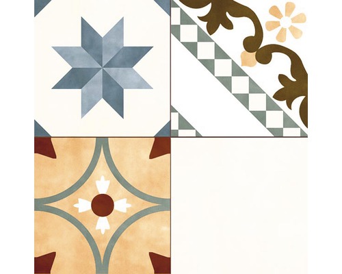 Dekorative Fliese mit Sternmuster, floralem Design und Karomuster