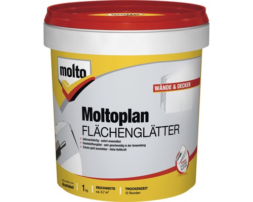 Moltoplan innen Fertigspachtel 1 kg Molto Moltoplan Flächenglätter im Eimer, gebrauchsfertig für Wände und Decken