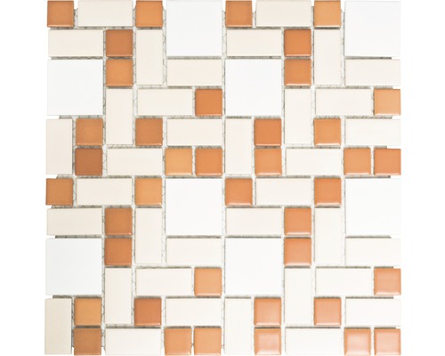 Keramikmosaik BS 119 31,5x32,0 cm weiß braun beige Mosaikfliese aus Keramik mit quadratischen und rechteckigen Elementen