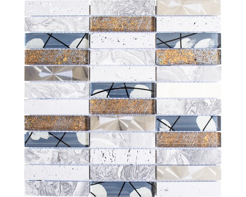 Glasmosaik mit Naturstein Day 24X 29,8x29,8 cm grau Mosaikfliese mit unterschiedlichen Texturen und Mustern.