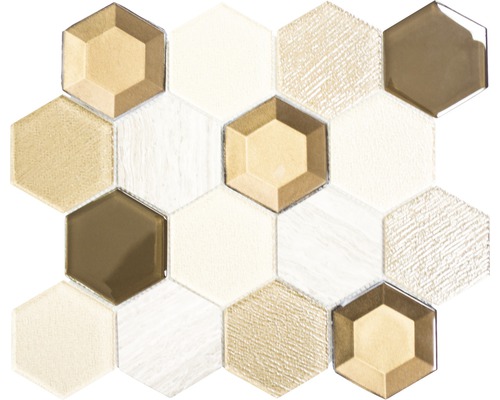 Glasmosaik mit Naturstein HXN 77 26,5x30,5 cm beige Mosaikfliese in sechseckiger Form für Wand- und Bodenbeläge