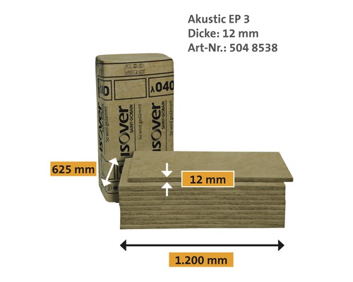 Isover Akustik EP3 Dämmplatten im Paket und gestapelt, Maße 625 x 1200 x 12 mm