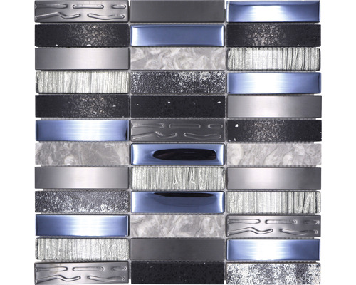 Glasmosaik mit Naturstein Night 58X 29,8x29,8 cm schwarz silber Mosaikfliese mit unterschiedlichen Texturen und Materialien