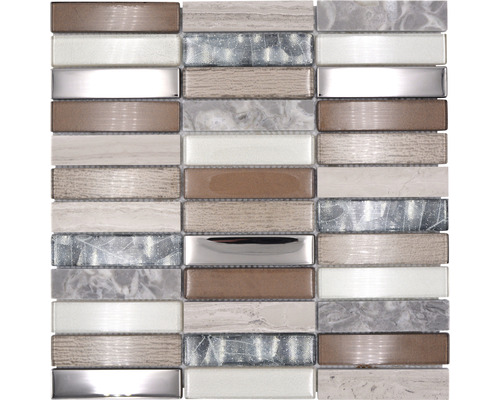Glasmosaik mit Naturstein Night 68x 29,8x29,8 cm braun beige Mosaikfliese mit rechteckigen Elementen aus Glas und Naturstein