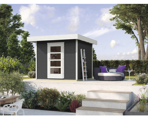Freizeithaus weka Walensee 1 mit Fußboden 279 x 316 cm anthrazit Modernes Gartenhaus mit Flachdach, Leiterregal und Lounge-Bereich auf der Terrasse.