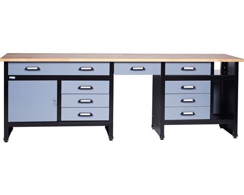 Werkbank Küpper Hammerschlag-Silber 2400 mm 9 Schubladen, 1 Tür, 2 Abflagefächer Werkbank mit Schubladen und Schrank
