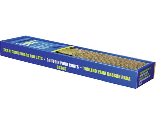 Katzenkratzbrett aus Pappe in blauer Verpackung