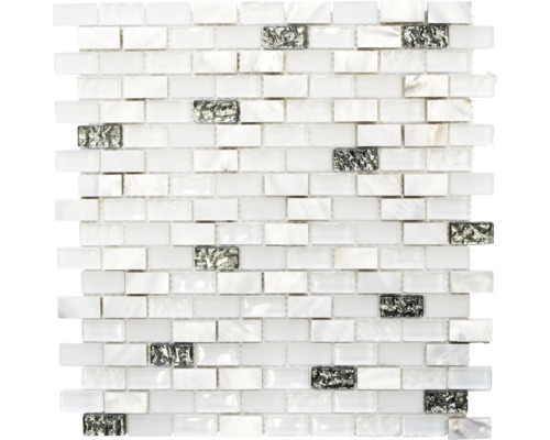 Glasmosaik mit Naturstein XCM B01S 30,0x28,5 cm weiß Mosaikfliese mit Perlmutt und Glaselementen