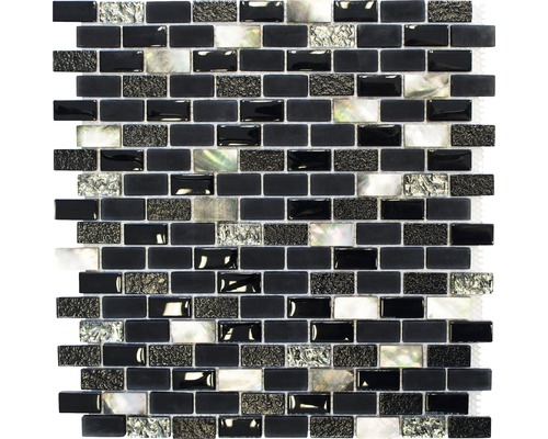 Glasmosaik mit Naturstein XCM B03S 30,0x28,5 cm schwarz Mosaikfliese mit rechteckigen Elementen aus Glas und Perlmutt