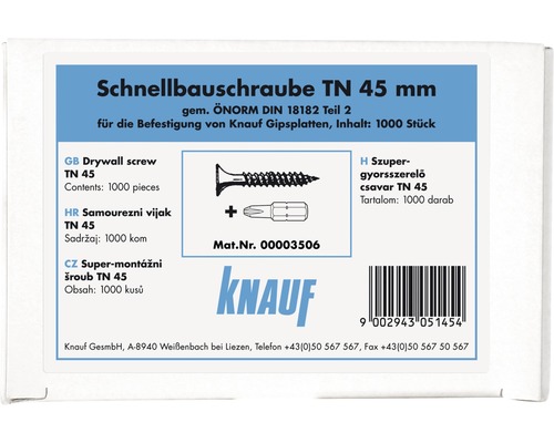 Schnellbauschrauben Knauf TN 3,5x45 mm 1000 Stück Schnellbauschrauben TN 45 Millimeter Packung zur Befestigung von Knauf Gipsplatten, Inhalt: 1000 Stück
