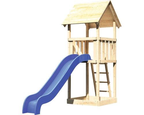 Spielturm aus Holz mit blauer Rutsche und Leiter