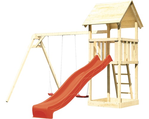 Spielturm mit Schaukel und Rutsche aus Holz