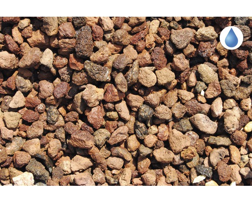 Nahaufnahme von Lavagranulat mit Wasserdurchlässigkeitssymbol