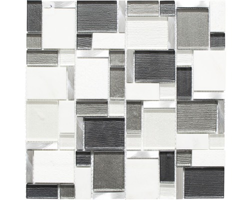Glasmosaik mit Naturstein XCM FK02 30,0x30,0 cm schwarz silber weiß Mosaikfliese mit Glas- und Metallelementen in verschiedenen Größen