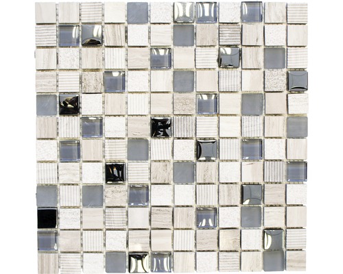 Glasmosaik mit Naturstein XCM HQ20 30,0x30,0 cm hellgrau Mosaikfliese mit quadratischen Elementen aus Stein und Glas