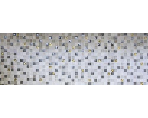 Mosaikfliese mit quadratischen Elementen in verschiedenen Grautönen und Goldakzenten