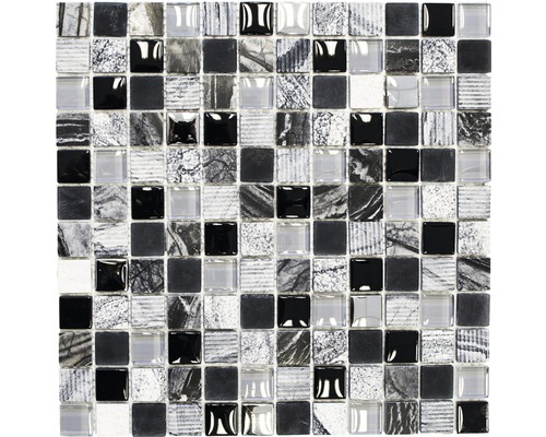 Glasmosaik mit Naturstein XCM HQ24 30,0x30,0 cm schwarz silber weiß
