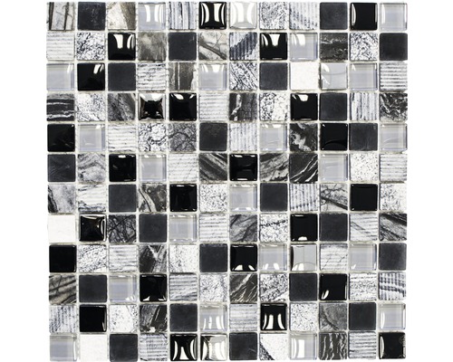 Glasmosaik mit Naturstein XCM HQ24 30,0x30,0 cm schwarz silber weiß Mosaikfliese mit Glas- und Steinoptik