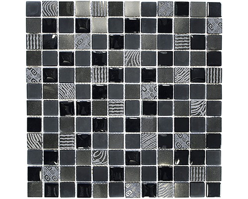 Glasmosaik mit Naturstein XCM HQ29 30,0x30,0 cm schwarz Mosaikfliese mit quadratischen Steinen in verschiedenen Grautönen und Mustern