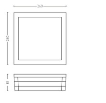Technische Zeichnung einer quadratischen Leuchte mit den Maßen 260 x 260 x 18 Millimeter.