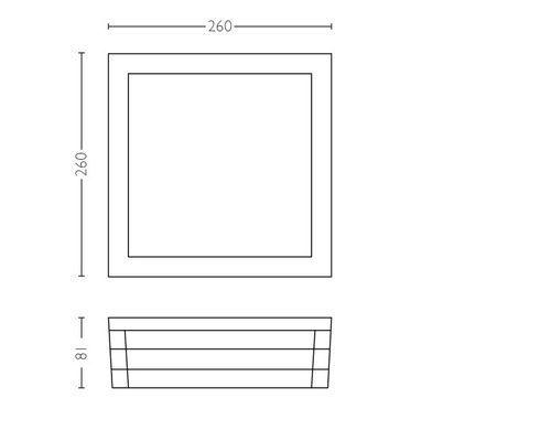 Technische Zeichnung einer quadratischen Leuchte mit den Maßen 260 x 260 x 18 Millimeter.