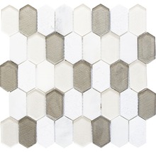 Mosaikfliese in länglicher Sechseckform aus Glas und Naturstein