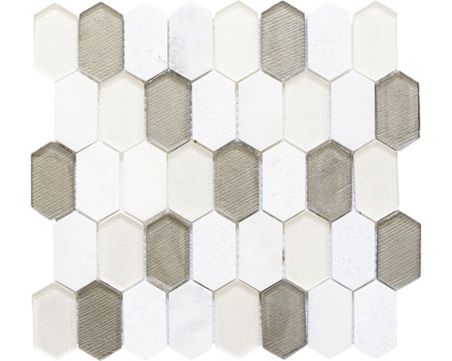 Glasmosaik mit Naturstein XCM IN69 30,5x29,5 cm beige Mosaikfliese in länglicher Sechseckform aus Glas und Naturstein