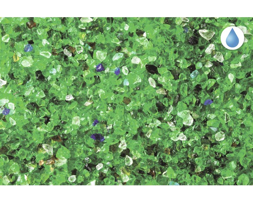 Grüne Glasbrocken als Teichabdeckung mit Wasserdurchlässigkeitssymbol