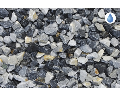 Nahaufnahme von Ziersplitt mit Wasserdurchlässigkeitssymbol