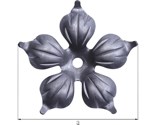 Metallornament in Blumenform mit fünf Blättern und einer zentralen Bohrung