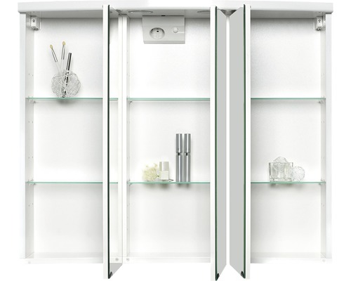 Weißer Spiegelschrank mit drei Türen, Innenfächern und Steckdose
